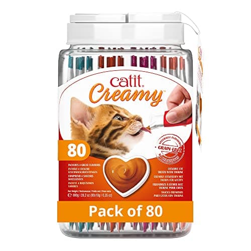 Image of Catit Creamy Healthy & Hydrating natural, grain free lickable squeezy Cat Treat sticks, 80 x 10g (20ea chicken, tuna, salmon, lamb) tubes in reusable gift jar, Mixed
