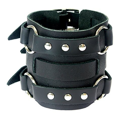 Image of benerini Wide Triple Strap Leather Cuff Wrap Gothic Wristband Bracelet with Buckle Fastening - Black Leather