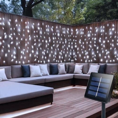 Image of CCILAND Solar Curtain Lights Outdoor 4M x 1M 200 LED Curtain String Lights Green Wire Waterfall Fairy Lights for Bedroom Garden Patio Gazebo Decor - Cool White