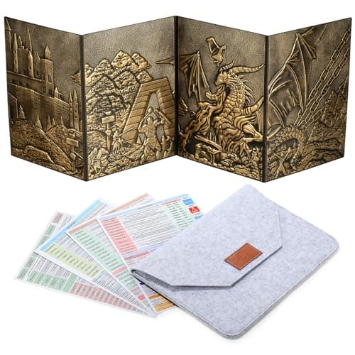 Image of DND Dungeons Master Screen, DNDND Faux Leather 3D Embossed Four-Panel with Pockets for DND Dungeons and Dragon Tabletop Game (Brass)
