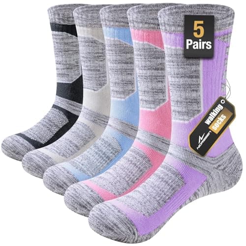 Image of Niorasen Walking Hiking Socks Womens 5 Pairs, Cushioned Breathable Cotton Boot Socks, Anti Blister Ladies Crew Athletic Sports Sock for Running Gym Climbing