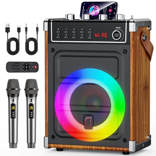 Image of JYX Karaoke Machine with 2 Wireless Microphones, Bluetooth Speaker with Bass/Treble/Echo Adjustment & LED Light, Support USB, SD Card, AUX, TWS, FM, REC, Supply for Party/Adults (Wood)