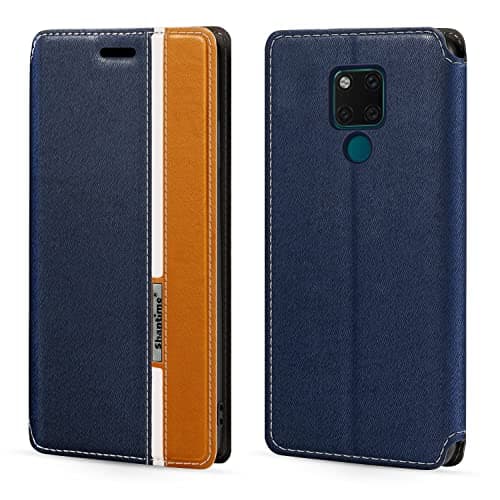 Image of Shantime Classic Stripes Faux Leather Flip Case Compatible with Huawei Mate 20 X 5G, Invisible Magnetic Cover with Card Slot, Contrast Color Design(Blue)