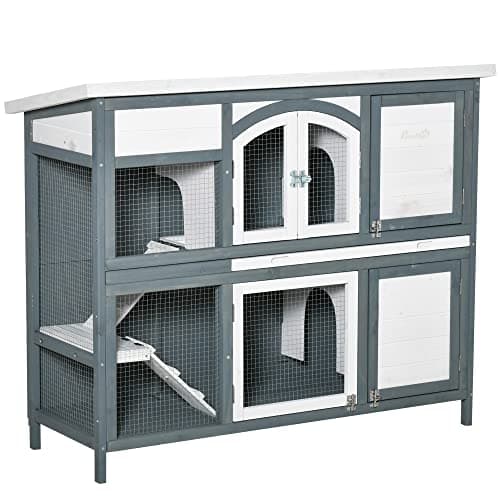 Image of PawHut Rabbit Hutch, Guinea Pig Hutch 2-Tier Wooden Cage w/Ramp Roof, Grey