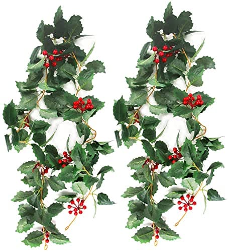 Image of 5.8 Ft Artificial Flowers Christmas Holly Spray Berries Garland Plant Red Berries Leaves Garland for Home Party Holiday Decoration (Green)