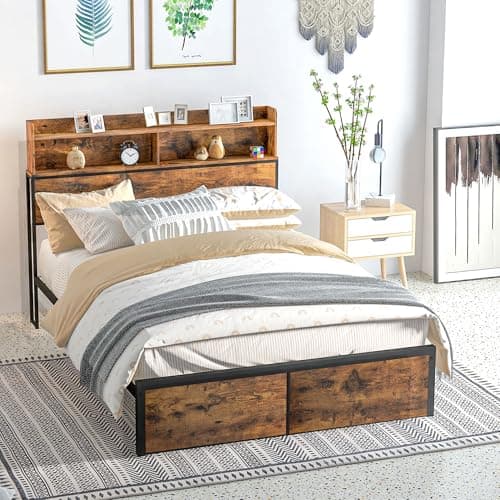 Image of HOMCOM Industrial Double Bed Frame, 4.6FT Steel Bed Base with Storage Headboard, Footboard, Slatted Support and Under Bed Storage, 141 x 207cm, Rustic Brown