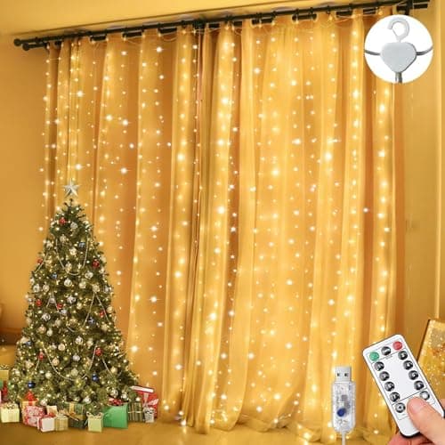 Image of Lezonic Curtain Fairy Lights, 3m×3m 300LED Fairy Lights with 8 Modes Remote Control Timer Adjustable Brightness, Curtain Light Plug in for Bedroom, Garden, Party, Wedding,Christmas (Warm White)