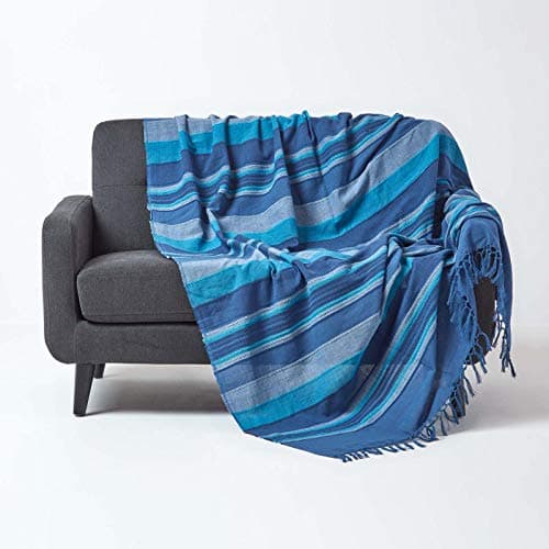Image of HOMESCAPES Large Blue Throw “Morocco” Cotton Textured Stripe Throw 225 x 255 cm Bedspread Sofa Throw Handmade Suitable for 2 or 3 Seater Sofas or Double and King Size Beds Machine Washable