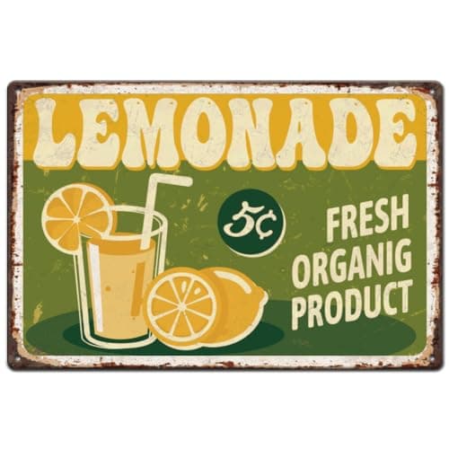 Image of SUPERDANT Lemonade Tin Signs Fresh Organig Metal Signs Green Summer Wall Plaques Iron Poster Art for Kitchen Bar Restaurant Garden Beach Vintage Decor