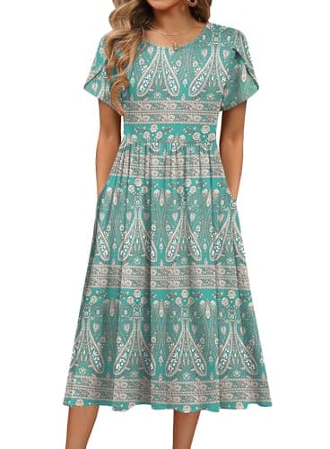 Image of HOTOUCH Women Dresses Elegant Summer Midi Dress Short Sleeve Round Neck Tunic Dress Casual A Line Dresses with Pockets Floral Green L