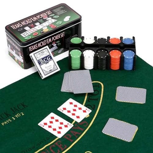 Image of REQUISITE NEEDS Professional Poker Set with Mat, Casino Texas Hold'em and Blackjack Games - 200 Chips, Cards in Tin Box