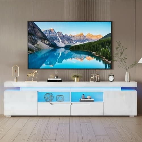 Image of BSTSEL 200CM White High Gloss TV Stand Cabinet Entertainment Unit with 16 Colors LED Lights Free Standing TV Cabinet with Storage for Living Room up to 75" TV (NEW White High Gloss)