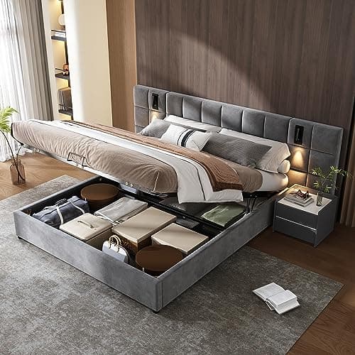 Image of ModernLuxe Upholstered King Size Bed, 5FT Bed Frame with Directional Lamp and USB Charging, Storage Ottoman Bed, Wide Headboard, Checkerboard Pattern, Without Bedside Tables, Velvet Grey, 150x200cm