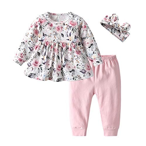 Image of Tearfuty Baby Girl Outfits Girls Floral Printed Long Sleeve Top Pants 3pcs Clothes Set for Baby Girls Pink (3-6 Months)