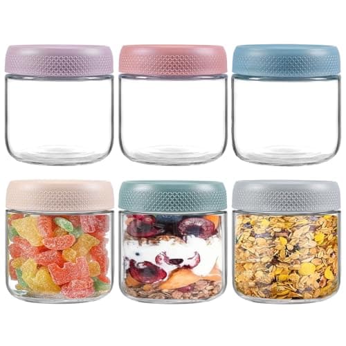 Image of 6-Pack 300ml Colorful Glass Jars with Airtight Screw Lids-Leakproof Overnight Oats Containers Wide Mouth Mason Jars spice jars for Fruit Salad Dressing Sauce Cereal Snacks Yogurt Spice Sugar(6 Colors)