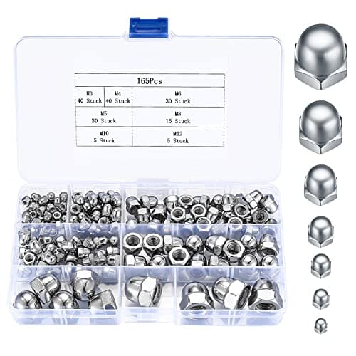 Image of 165 Pcs Acorn Dome Cap Nuts, stainless steel Acorn Thread Hex Caps Head Nuts Assortment KitAcorn Decorative Hex Cap Nutss - M3/M4/M5/M6/M8/M10/M12(silver/stainless steel)