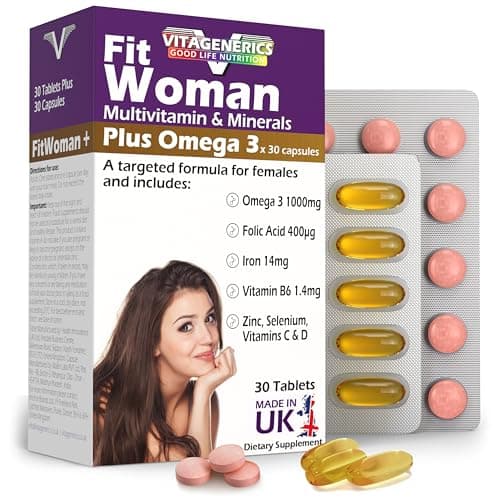 Image of VITAGENERICS FitWoman High Strength Multivitamin & Minerals + Omega 3 | x30 Tablets, x30 Capsules | 1000mg Omega 3, Folic Acid, Iron, Zinc, Selenium, Biotin, Vitamin C, B-Complex. UK Made for Women
