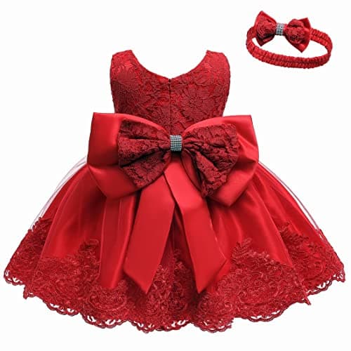 Image of LZH Baby Girls Flower Wedding Dress Toddler Birthday Party Pageant Baptism Christening Tutu Gown Bowknot Dress, Red