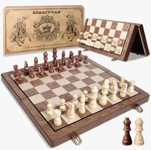 Image of Sihaiyuan Chess Set, 15'' Magnetic Wooden Chess Board, Travel Chess Set for Adults & Kids, 2-in-1 Chess and Checkers Board Game