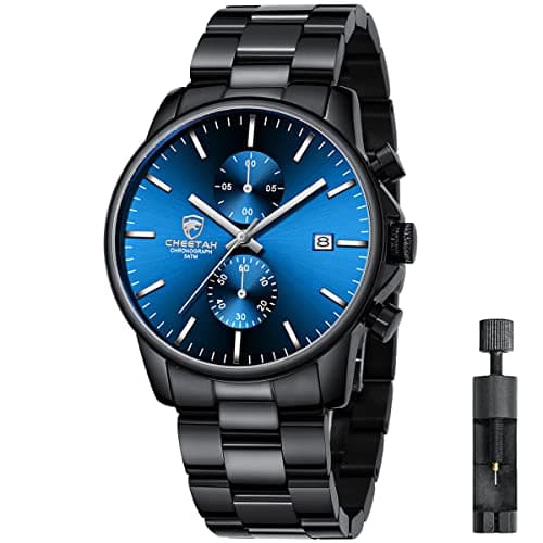 Image of Affute Watches Men with Casual Waterproof Chronograph Quartz Watch Made of Stainless Steel and Metal, Auto Date in Colourful Hands - Black Blue