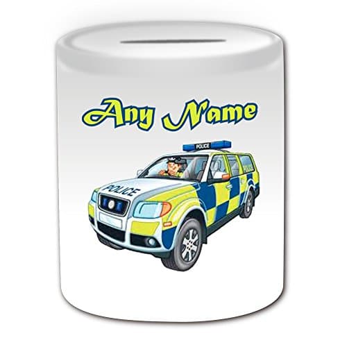 Image of Personalised Gift - UK Police SUV Money Box (Transport Design Theme, White) - Any Name / Message on Your Unique - Saving Piggy Bank - Car Driver Automobile Hatchback Cruiser Cop Britain British Emergency Force 999 Policeman Service Sport Utility Vehicle