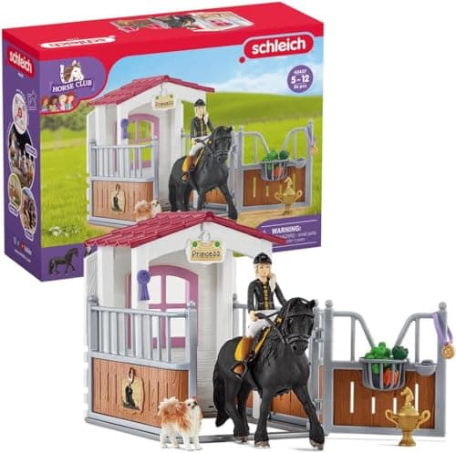 Image of SCHLEICH Horse Club - 26 PC Tori and Princess Horse Toy Stall Playset with Dog Figurine and Accessories - Realistic, Posable Rider Figure and Pony Toys for Girls and Boys - Kids Ages 5+ - 42437