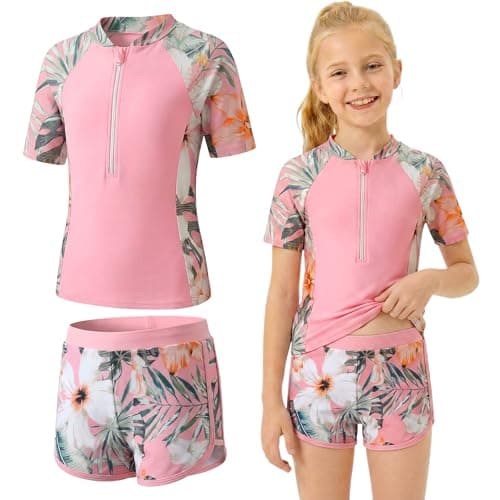 Image of Baogaier Girls Swimsuit Short Sleeve Swimming Costume Quick Dry Printed Two Piece Swimsuits with Padded Bra Zip Swim Shirts with Shorts Swimwear Beach Pool Bathing Suits for 7-8 Years, Pink