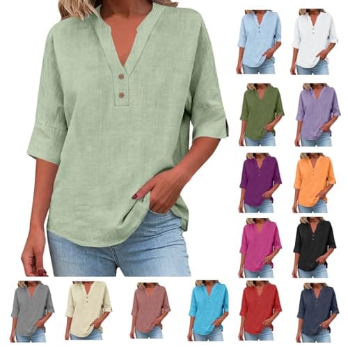 Image of Ladies 3/4 Length Sleeve Cotton Linen Button Shirt Loose Fit V Neck Blouses for Beach & Casual Wear Solid Color Cropped Sleeve Top Casual Oversized Blouse for Spring & Summer Fashion Green