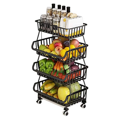 Image of BRIAN & DANY 4 Tier Vegetable Storage Rack, Stackable Fruit Vegetable Stand with Lockable Casters and 5 S-Hooks for Kitchen, Pantry, Bathroom, Garage