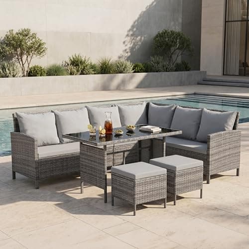 Image of EVRE Madison 8 Seat PE Rattan Garden Furniture Set UV-Resistant Corner Sofa Glass Dining Table 2 Stools & Chairs with Cushions Outdoor Patio Set for Balcony Lawn Conservatory Steel Frame (Grey)