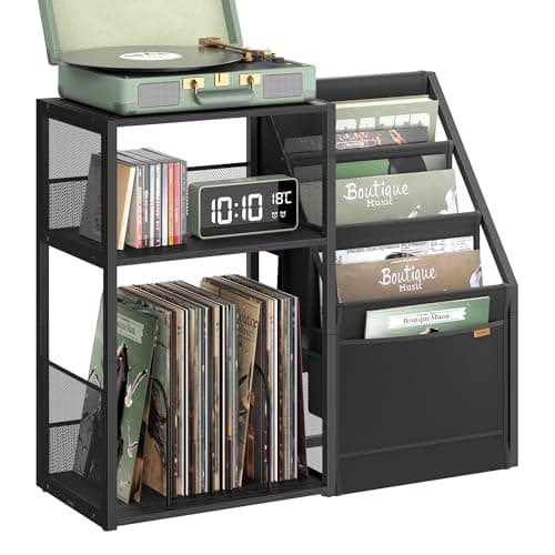 Image of VASAGLE Record Player Stand, 3-Tier Side Table, Vinyl Record Storage up to 140 Albums, End Table for Living Room, Bedroom, Ebony Black LET276B01