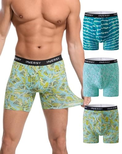 Image of INNERSY Mens Underpants Cotton Boxer Briefs with Front Opening Fitted Trunks Underwear Multipack 3 (M, 3 Green Patterns)