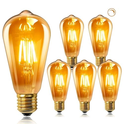 Image of Caldarax Edison Screw Bulb E27, Vintage Light Bulb, 220V ST64 E27 LED Bulbs Dimmable, 4W Equivalent to 40W, ES LED Filament Lamp Squirrel Cage, Retro Amber Glass, 2200K Warm White, 6 Pack