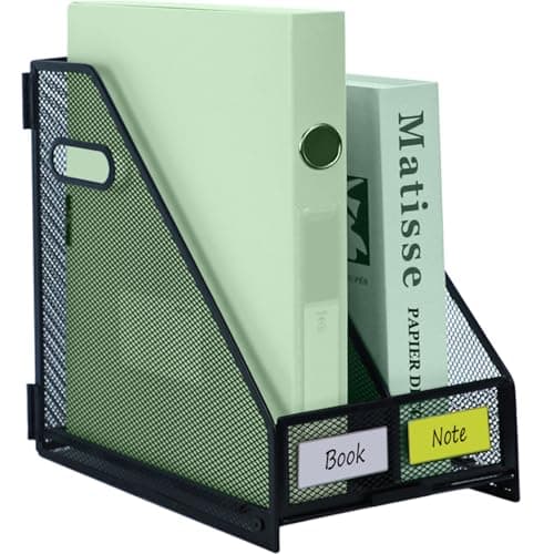 Image of IOUGDSEC A4 Document File Holder with handle,2 Vertical Compartments Book Organiser,Mesh Metal Durable Desktop File Rack for Office School and Home,Black