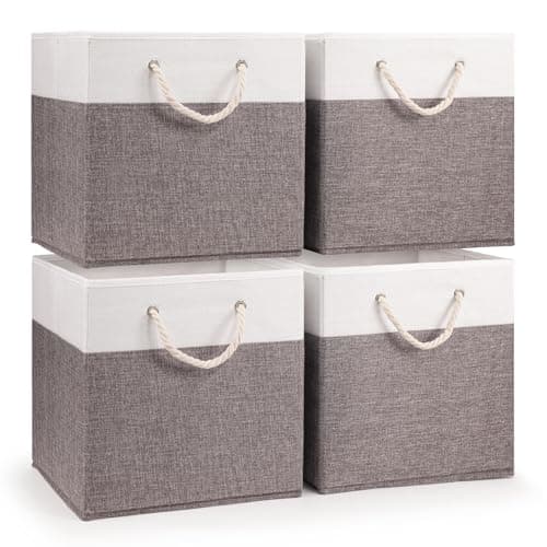 Image of woodluv Storage Cube Boxes Large, Set of 4 Foldable Storage Basket for Cupboards, Shelves, Closet, Set of 4, Grey, 30 x 30 x 30 cm