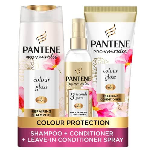Image of Pantene Colour Shampoo and Conditioner Set + Leave-In Conditioner Spray with Biotin and Niacinamide, Transform Damaged Coloured Hair from Dull to Glossy in 1 Use, 400/275/145ml