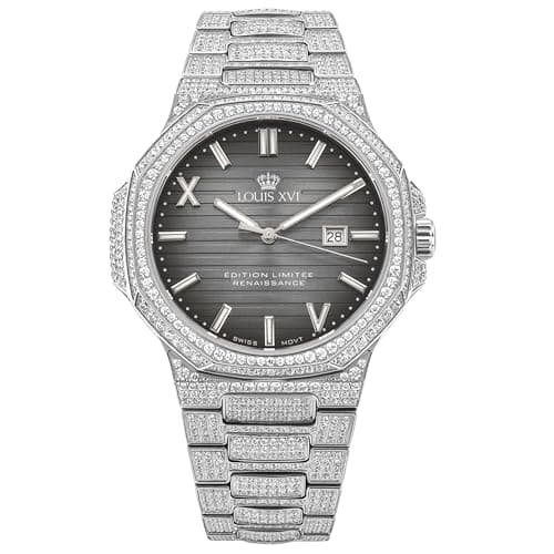Image of LOUIS XVI Renaissance 1622 - Diameter 40 mm - Men's Watch - Waterproof - Sapphire Glass - Bracelet Silver - Iced Out CZ Diamonds - Grey Dial - CH Quartz Movement, silver, Bracelet