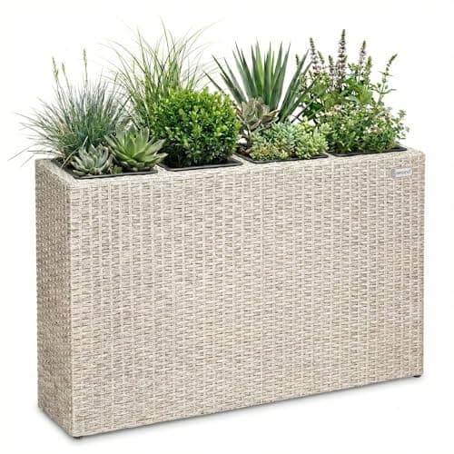 Image of Casaria Flower Box 4 Inner Pots Polyrattan Removable Water Drain Outdoor Rectangular Planter Flower Pot Raised Bed Planter Cream