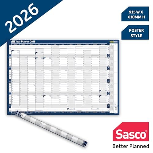 Image of Sasco 2026 Vertical Wall Planner – Poster Style Year Calendar with Wet Wipe Pen & Stickers, 91.5x61cm, Blue – 2026 Wall Calendar UK & ROI Holidays Marked – Useful for Office or Classroom Planning