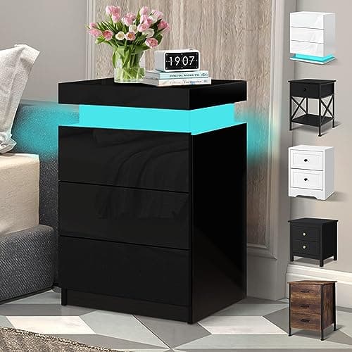 Image of ELFORDSON LED Bedside Table with 3 Drawers and 1 Top Drawer, Bedside Cabinet with 4-side High Gloss, 16 RGB LED Colours, Side Table Nightstand for Bedroom Living Room Home Furniture, Black