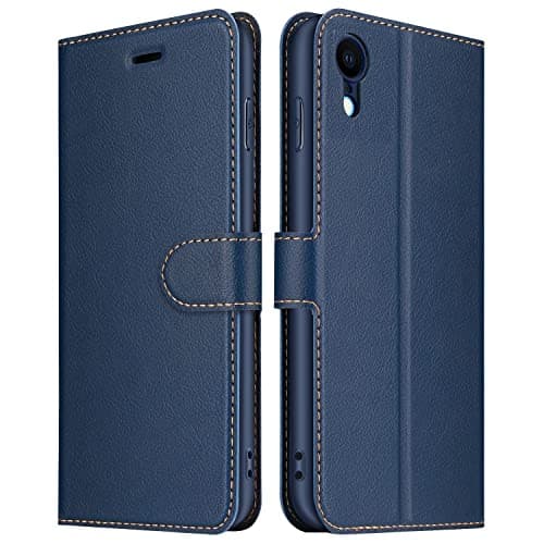 Image of ELESNOW Phone Case for iPhone XR, Flip Wallet PU Leather Card Holder with RFID Blocking Magnetic Closure Stand Cover for Apple iPhone XR (Blue)