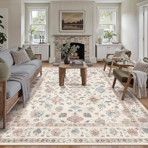 Image of PureCozy Rugs Living Room 200x300 cm Vintage Washable Non Slip Area Rugs Retro Floral Large Lightweight Carpet for Bedroom Dining Room Hall Lounge Office Indoor Home Decor, Multicolored