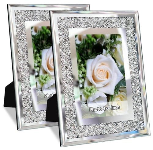 Image of Crush Diamond Mirror Photo Frame In Bling Sparkle Crystal Silver Glass Finish, For Picture Size 4x6 inch, Pack of 2 Piece, table top Stand frame & Wall Frame.