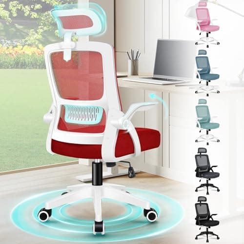 Image of ELFORDSON Ergonomic Office Chair, Mesh Desk Chairs with Headrest Lumbar Support, Executive Computer Swivel Chairs with Flip-up Armrests, Comfy Seat, Height Adjustable, Rocking for Home, White & Red