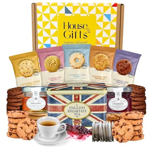 Image of Afternoon Tea & Biscuit Hamper Gift Set with Strawberry Jam, Pure Honey & Biscuits – British Hampers for Women, Men or Grandparents – Biscuit Gift Box for Sharing, Birthdays, or Thank You