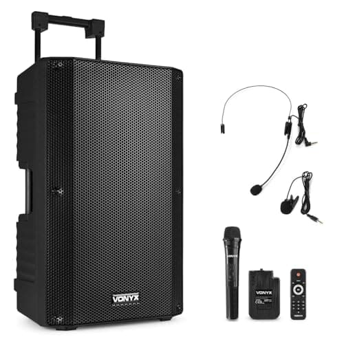 Image of VONYX VSA700-BP 15" Portable PA Active Speaker System, Big Bluetooth Speaker with Battery, Wireless Handheld and Headset Bodypack Microphones, Powered PA, Rechargeable Battery - 1000W