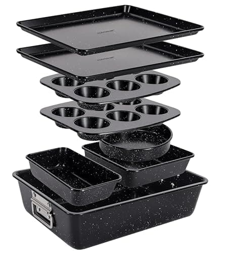 Image of NutriChef Baking Tray Set, 8-Piece Non-Stick Oven Bakeware, Stackable Trays with Cookie, Loaf, Pizza, Muffin, Cake, Round, Square Pans, Durable Kitchen Set (Black Marble)
