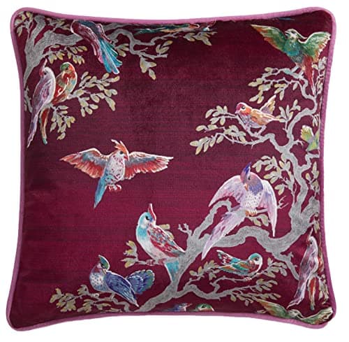 Image of Laurence Llewelyn-Bowen Velvet Cushion – 43x43cm – Pink and Blue Bird Print – Filled Cushion with Piped Edge – Soft Touch Fabric – Birdity Absurdity Collection – Decorative Sofa Pillow