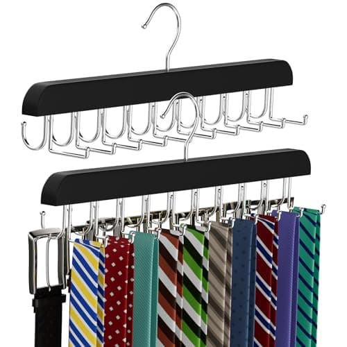 Image of Belt Tie HANGER 20 Hooks 2 in 1 Hanger for Closet Max 30 Belts with 30 Ties Capacity, Belt Tie Racks Wooden Hanger for Closet Organizer Storage “U” Fit for Belt and “一” Fit for Tie (1, Black)
