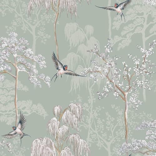 Image of World of Wallpaper Japanese Garden Inspired Oriental Asian Themed Wallpaper for Living Room and Bedroom Cherry Blossom Trees and Oriental Birds - Sage Green 946102